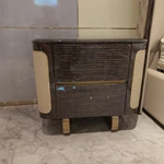 Dark Glossy Nightstand with Woven Leather Side Panels and Hidden Drawer Pulls
